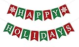 FAKTEEN Happy Holidays Banner Merry Christmas Decorations, Green Red Christmas Banner Paper Bunting Xmas Holiday Decorations New Year Outdoor Indoor Home Office Decor