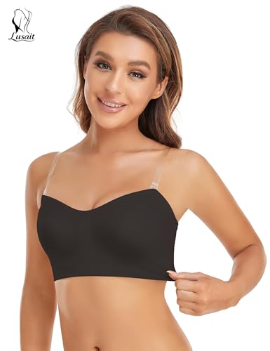 Image of Lusait Strapless Bra for Women Non-Slip Silicone Padded Bandeau Bra Wireless Tube Top Bralette Black+Black XL