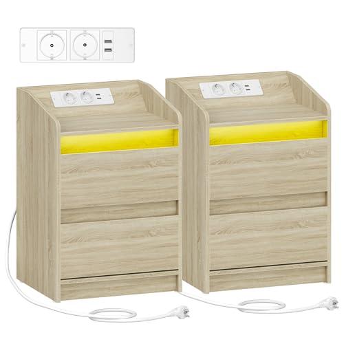 Hzuaneri Tables de Chevet avec lumières LED, Lot de 2, Station de Chargement et 2 tiroirs, Table d'appoint avec Ports USB et Prises électriques, pour la...