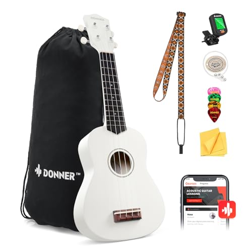 Donner Soprano Ukulele for Beginner 21 Inch Matte Ukulele Beginner Kit with Bag Strap Tuner Strings Picks Cloth, Free Online Lessons (White)