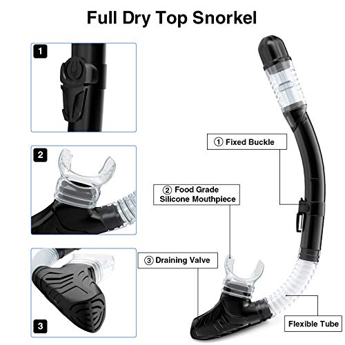 Snorkel Set Adult,Snorkeling Set with Panoramic Snorkel Mask Diving Goggles,Dry Top Snorkel and Adjustable Fins,Scuba Diving Snorkeling Mask for Men Women