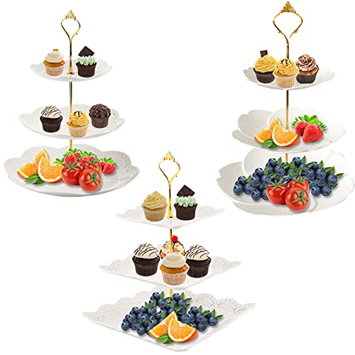 3 Set 3 Tier Cupcake Stand White Plastic Party Cake Stand Cupcake Holder Tiered Cake Stand Fruit Candy Dessert Display Plates Serving Tray Table Decoration for Baby Shower Wedding Birthday Celebration 