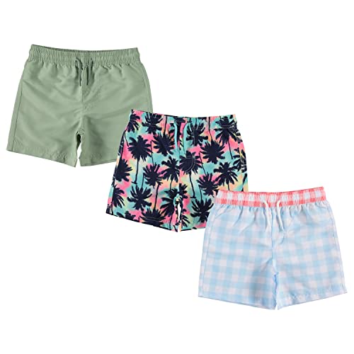 Bcool 3-Pack Boys Swim Trunks Size 10-12, Quick Dry Swimming Shorts With Liner - Solid Green, Tropical/Check Print #TOP6
