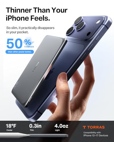 Image of TORRAS MiniMag Pro Power Bank, Ultra Slim Semi Solid-State Portable Charger, Wireless 5,000mAh Magnetic Battery Pack, Fast Charging, Travel Essential for iPhone 17 /16 /15 /14 /13 /12, Infinite Grey