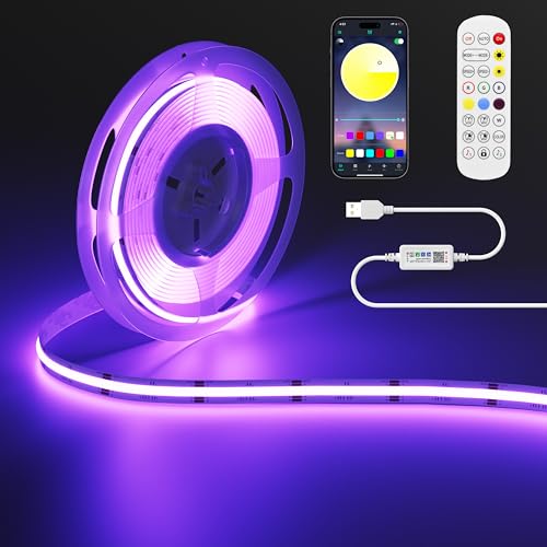 OULARA RGB COB LED Strip USB 5V 3M 1800LEDs Colour Changing LED Strip Lights Multicolour Flexible Tape Light with Bluetooth App Control for TV, Bedroom, Party, DIY Decoration
