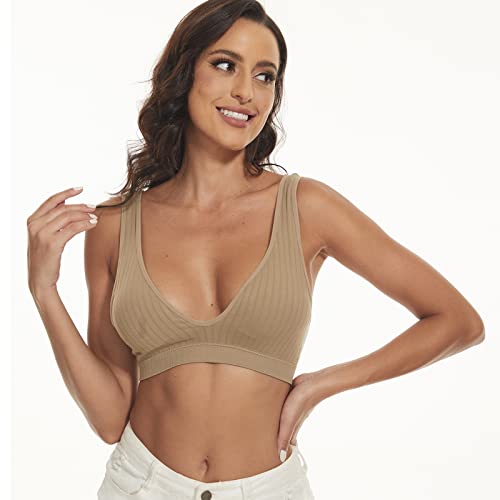 Women's Deep V Plunge Bra Seamless Low Back Sport Bra Wireless Bralette For Women Khaki #TOP4