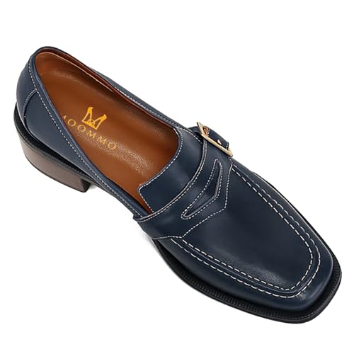 Image of MOOMMO Women Blue Chunky Heel Penny Loafers Square Toe Buckle Slip On 2 inch Stacked Block Heel Dress Loafers Oxfords Office Ladies Comfy Classic Loafer Pumps Matte Navy Size 8.5 M US