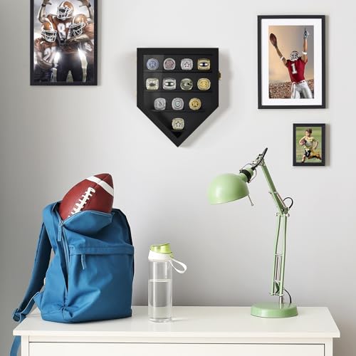 Image of TJ.MOREE 12 Rings Championship Ring Display Case Wall Mount Wooden | Shadow Box with Locks to Show Sport, Class, Fraternity, and Award Rings, Black