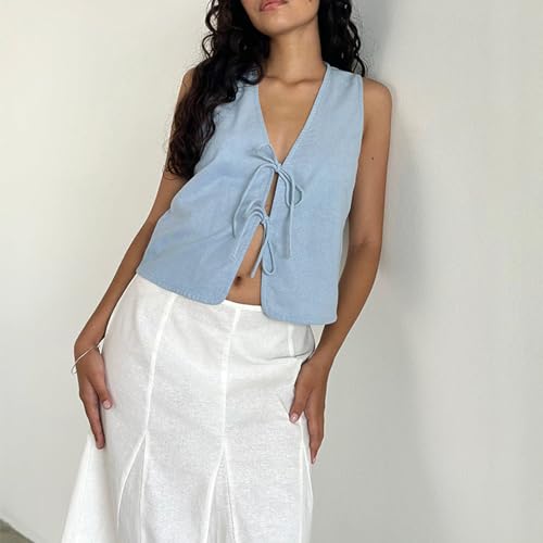 Women Bow Tie Front Vest Top Y2K V Neck Sleeveless Lace Up Tank Top Summer Sexy Solid Color Beach Vacation Tops3