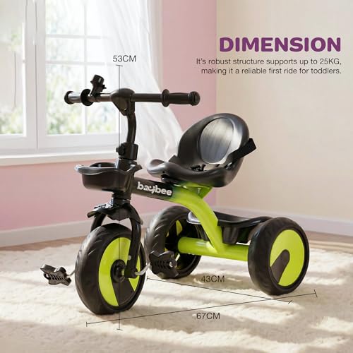 Image of Baybee Nova Baby Tricycle for Kids | Plug & Play Kids Cycle with Safety Belt & Front and Back Storage | Kid Cycle Trikes with Eva Wheels | Baby Cycles for Kid 2 to 5 Years Boys Girls (Black /Green)