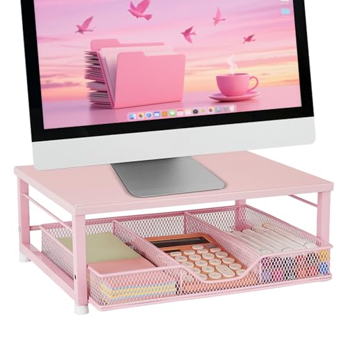 Small Pink Laptop Stand for Desk, Monitor Stand, Office Desk Accessories, Computer Desktop Stand with Drawer for Home, Office, School (Pink)