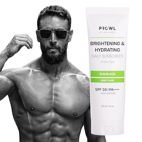 PROWL by Tiger Shroff SPF50 + PA++++ Sunscreen Niacinamide for Brightening and Hydrating Oily Dry All Skin for Men Face SPF 50 Cooling Gel Based Daily Sun Screen Lotion Cream, Sweet Musk, 50ml