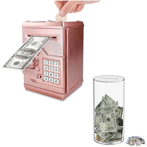 Totola Clear and Unopenable Transparent Piggy Bank with 50 pcs Sticker (Medium) + Electronic Piggy Bank Mini ATM for Kids Baby Toy with Password (Rose Gold) Cover