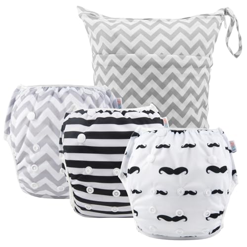 Image of ALVABABY 3pcs Baby Swim Diapers with 1pcs Wet Bag Reuseable Washable & Adjustable for Swimming Lesson & Baby Boy and Girl 3YKL05