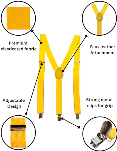 Image of BookMyCostume Yellow Suspenders for Kids & Adults|Adjustable Elastic Y-Back Belt for Fancy Dress Costumes,Theme Parties,Dance Costume,School Functions&Stage Shows|Unisex Clip-on Suspenders Accessory