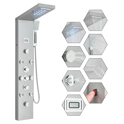 Image of FUZ Shower Panel Tower System, Stainless Steel 6 IN 1 Shower Panel System with LED Fancy Rain Shower Head and Handheld, Adujstable Rainfall Massage Body Jets and Tub Spout, Brushed Nickel Shower Tower