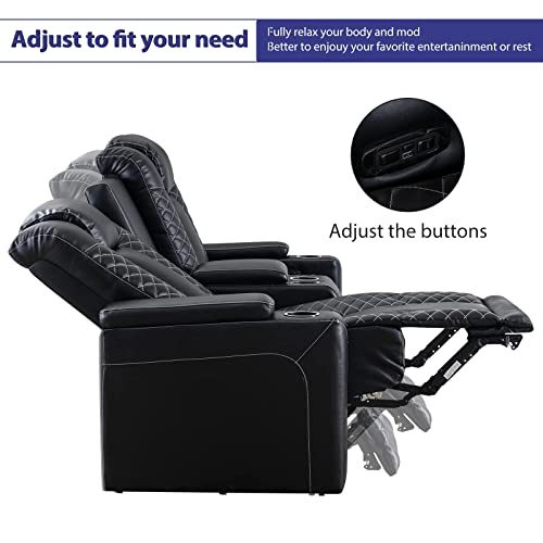 CANMOV Electric Recliner Chairs with USB Ports and Cup Holders - Comfortable Faux Leather Home Theater Seating (Row of 2, Black)