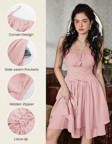 Image of Scarlet Darkness Corset Mini Sundress Chiffon Homecoming Dress for Women | Slim Straps, Ruched Neckline, Lace-Up Front, Layered A-Line, for Graduation Cocktail Party, Fairy Costume with Pockets