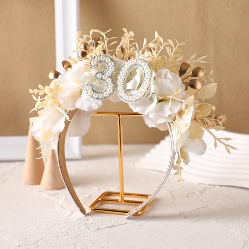 30th-Birthday-Headband-Handmade-Pink-30th-Birthday-Crown-Happy-30th-Birthday-Accessory-with-Flowers-and-Pearls-for-Women