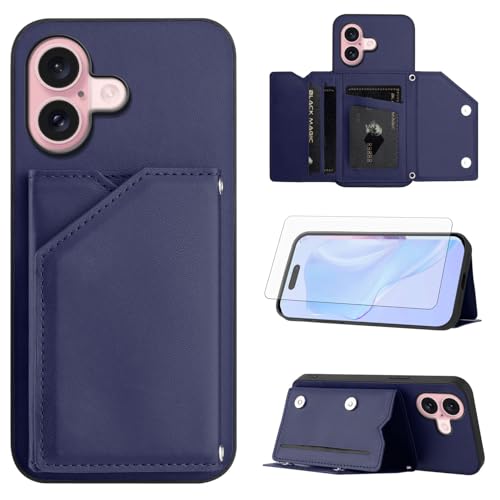 Étui portefeuille iPhone 16 en cuir premium avec support visionnage et verre de protection