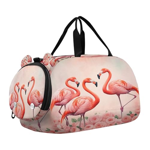 PYBUG Flamingo Kids Overnight Sports Duffel Bags with Shoe Compartment & Wet Pocket Travel Sport Gym Bag for Girls Boys