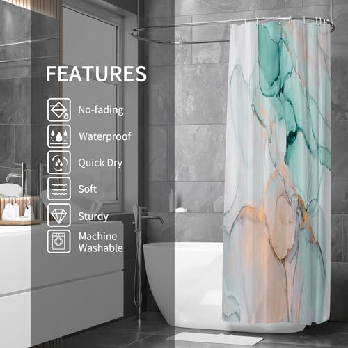 Gibelle Long Fabric Shower Curtain 72 x 78, Tall Abstract Grey Teal Marble Shower Curtain, Modern Ink Art Waterproof Fabric Shower Curtain Set by Gibelle - Used condition - Image 2