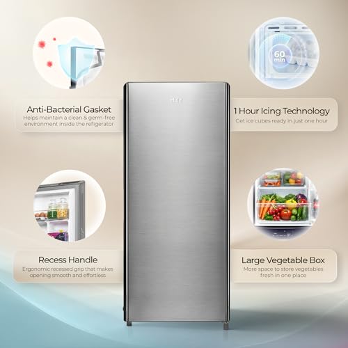 Image of Haier 190L 3 Star Direct Cool Single Door Refrigerator | Toughened Glass Shelves | Fast Ice Making in Just 60 minutes | Large Veg Box| Easy Clean Back (HED-203TDSA-N, Brushline Silver)