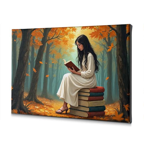 Toile femme en robe blanche lisant pour déco de chambre automnale 40x60 cm
