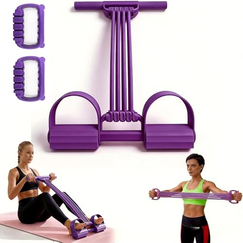 3 in 1 Adjustable Pedal Resistance Band, 8-Tube Natural Latex Tension Rope, Multifunctional Sit-Up Trainer for Full-Body Workout, Fat Loss & Muscle Shaping (Purple)
