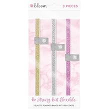 المخططون اليوميون Bloom Elastic Planner Bands مع حلقة حامل القلم - مجموعة من 3 أشرطة/إشارات إغلاق ممتدة للمخططين والمجلات وأجهزة الكمبيوتر المحمولة والمزيد - ذهبي، وردي، فضي