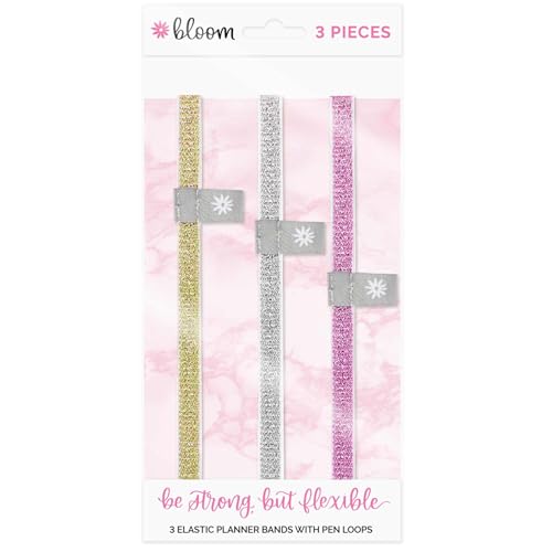 bloom daily planners Elastic Planner Bands with Pen Holder Loop - Set of 3 Stretchy Closure Bands/Bookmarks for Planners, Journals, Notebooks & More - Metallic