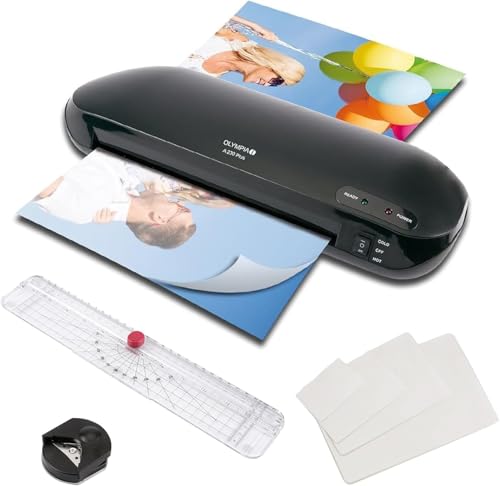 Olympia A 230 Plus zestaw do laminowania 4 w 1, laminowanie na gorąco i zimno, szybki czas nagrzewania, zestaw do laminowania z zaokrąglonymi narożnikami, przecinakiem do papieru i folią, idealny do