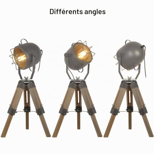 B·LED BARCELONA LED BarcelonaLED Lampe de Table Trépied Hauteur Réglable en Bois Design Vintage Industriel avec Projecteur Orientable Gris Culot E27 pour Chambre Tête de Lit Salon Studio – vue 2