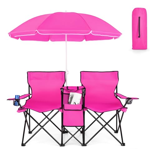 COSTWAY Double Portable Picnic Chairs, Folding Camping Chairs w/Detachable Umbrella, Cooler Bag, Cup Holders, Patio Beach Camping Chairs for Outdoors, Pink