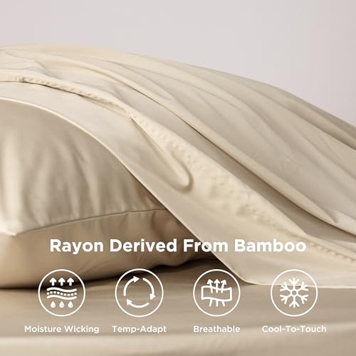 Image of Bedsure Cooling Sheets Twin XL, Rayon Derived from Bamboo, PureWoven, Breathable & Soft Twin XL Sheet Sets, Deep Pocket Up to 16 Inches, Hotel Luxury Silky Dorm Bedding for Hot Sleepers, Beige