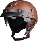Casco Abierto De Piel, Medio Jet Casco con Visera, Vintage Style Cascos Half-Helmet Homologado Dot/ECE , Ciclomotor Casco para Mujer Y Hombre Adultos, para Cruiser Moped Scooter 2,L=59-60CM