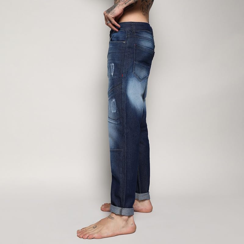 Image of Campus Sutra Men's Blue Self-Design Patched Denim Jeans for Casual Wear | Dark-Wash | Regular Fit | Button Closure | Cotton Mid Rise Denim Jeans Crafted with Comfort Fit for Everyday Wear, 28