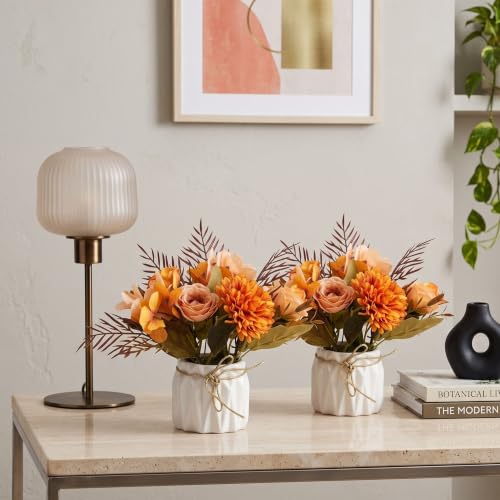 Image of Dekorly Artificial Lavender Plant in White Pot, 18cm - Realistic Faux Flower Arrangement for Home & Office Decor (Set of 1) (2, Orange Chryshydra Flower)