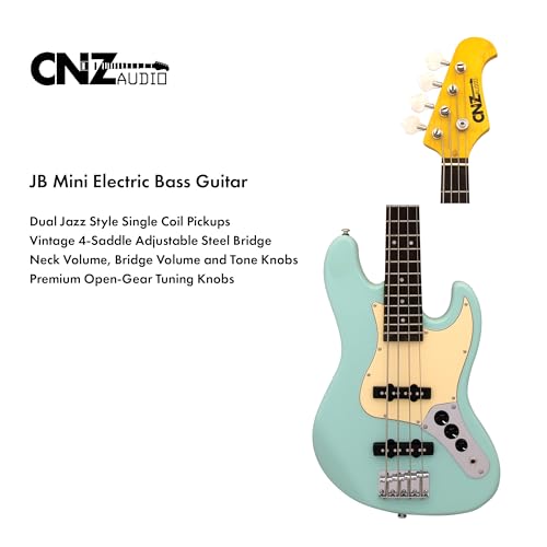 JB Mini Electric Bass Guitar - Black Body, Maple Neck, Rosewood Fingerboard & 3-Ply White Pickguard, 28.6" Short Scale Premium Pickups, Vintage Steel Bridge & Tuners - Pure Awesomeness