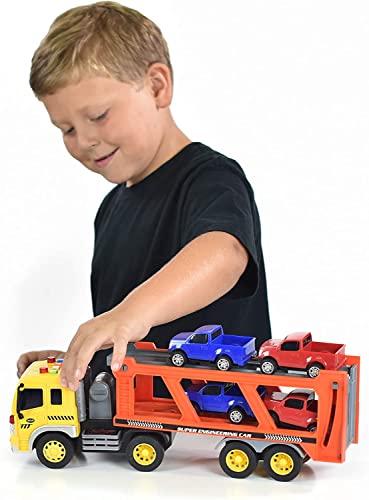 Sunny Days Entertainment Long Haul Vehicle Transport – Lights And Sounds Pull Back Toy Vehicle With Friction Motor | Includes 4 Die Cast Pick Up Trucks – Maxx Action #TOP3