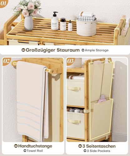 Yorbay Wäschekorb 3 Fächer Bambus: 140 L Wäschesammler mit Ablage Handtuchhalter & kleine seitliche Taschen - Wäschesortierer für Bad Schlafzimmer und Waschküche 87 x 41 x 77 CM Beige