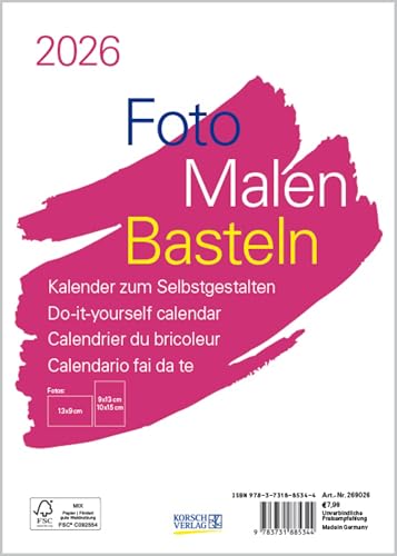 Foto-Malen-Basteln Bastelkalender A5 weiß 2026: Fotokalender zum Selbstgestalten. Aufstellbarer do-it-yourself Kalender mit festem Fotokarton.