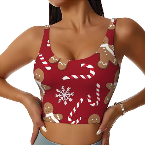 Women Girls Yoga Bras U-Shaped Back Cozy Camisoles with Pads Compress Quick Dry Sportswear for Sports Workout, Christmas Red Gingerbread Cookies Candy Canes Art