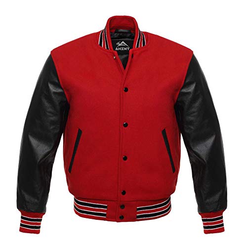 Letterman Varsity Jacket Genuine Leather Sleeves and Original Wool (Red Black White, 3XL)