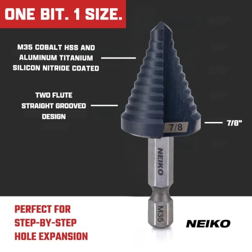 Image of NEIKO 10620B Step Drill Bit, 1 Step 7 /8 inch Straight M35 Cobalt, AlTiSiN Coated, 1 /4 inch Quick Change Step Bits for Steel, Metal, Wood, Plastic, Unibit Cone Drill Bits, Two Flute