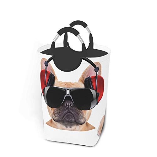 Wäschesack,DJ Bulldogge mit Kopfhörern, die Musik hinter weißem Banner hören,Großer faltbarer Wäschekorb,zusammenklappbarer