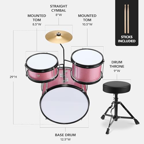 image for Best Choice Products 3-Piece Beginner Drum Set for Kids Juniors, w/Thr