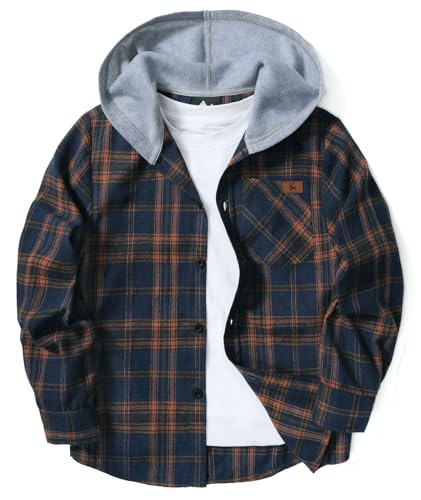 GEEK LIGHTING Boys Girls Plaid Flannel Shirts Unisex Kids Long Sleeve Casual Button Down Shirt with Hood Brown Black