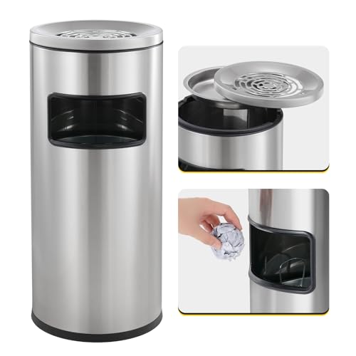 Dyna-Living Commercial Outdoor Trash Can with Lid - Stainless Steel Large Round Garbage Container Silver Tall Metal Trash Can for Patio