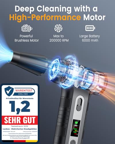 Elektrische Staubgebläse mit HD-Display - Electric Air Duster 200000 RPM mit LED-Licht, Mini-Gebläse mit Akku, Druckluftspray PC Reinigung, Luftgebläse für Tastatur, Haus, Outdoor, Auto, W06, Schwarz